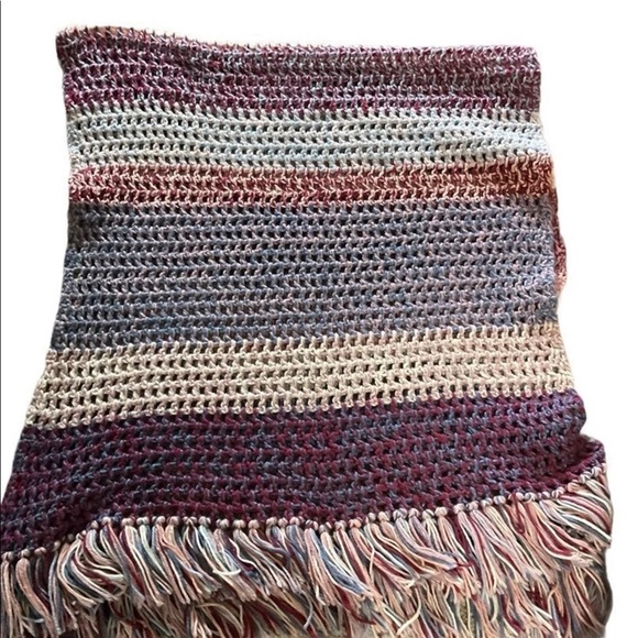 Handmade Other - Handknit afghan throw blue red white with fringe Cottagecore boho handmade